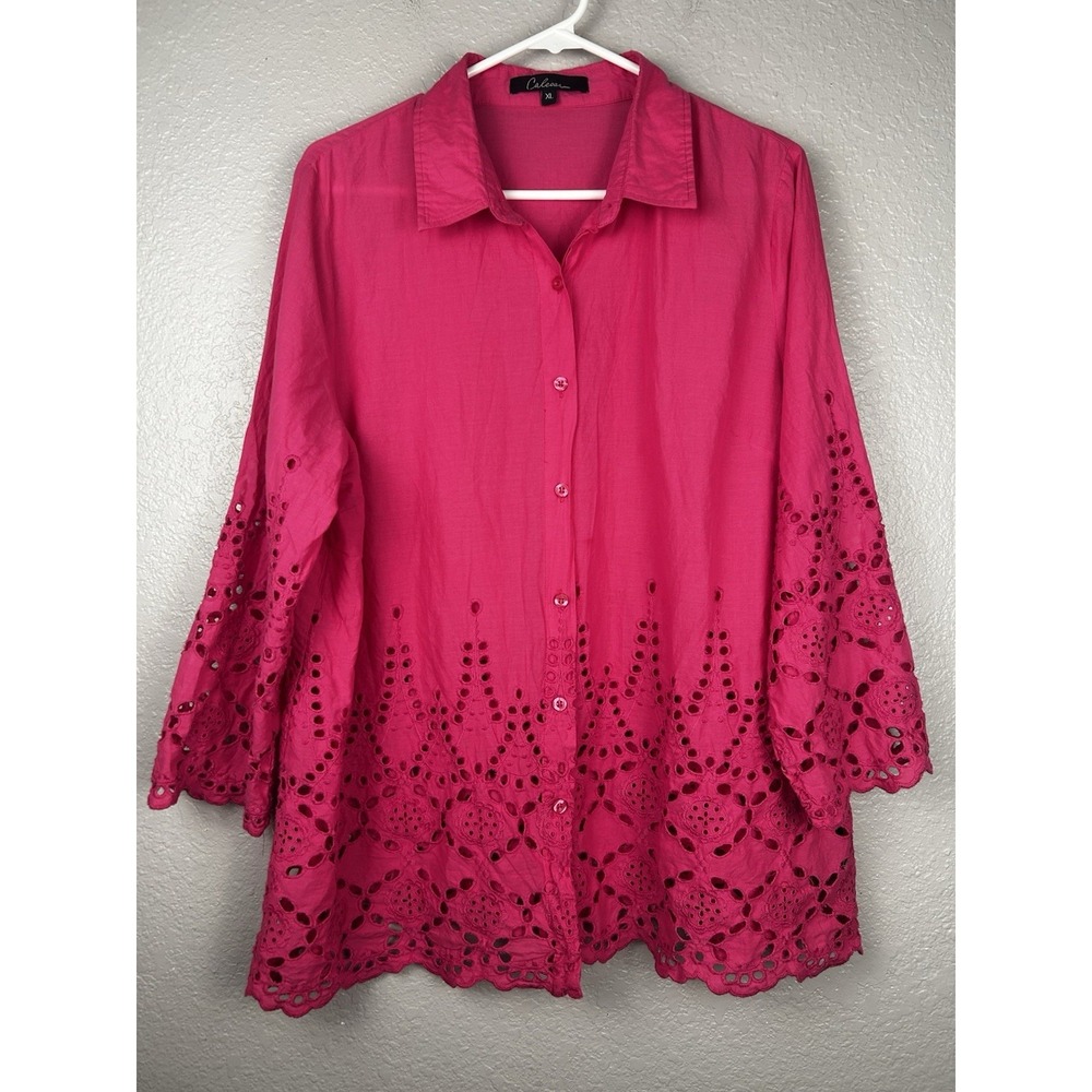 Calessa Bright Pink Eyelet Long Sleeve Tunic Button Up Top Size XL Summer Spring
